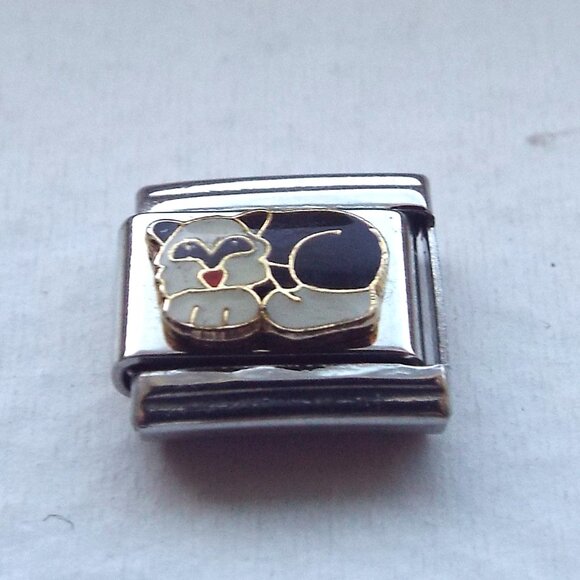 Black and white enamel cat 9mm stainless steel Italian charm bracelet link new - Picture 1 of 2